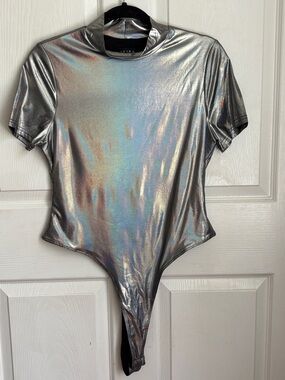 AKIRA Silver Holographic One Piece Bodysuit Size XL Festival Rave Coachella Fun